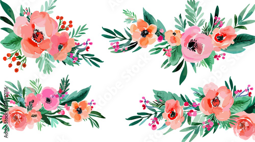 Set of watercolor floral flower arrangements in pink and peach on a white background