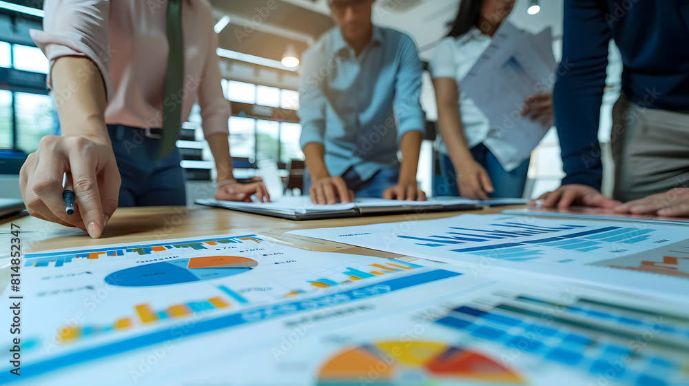 Diverse team of startup founders strategizing their business plan with digital charts and graphs. Diverse team of startup founders strategizing their business plan with digital charts and graphs.