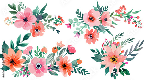 Set of watercolor floral flower arrangements in pink and peach on a white background