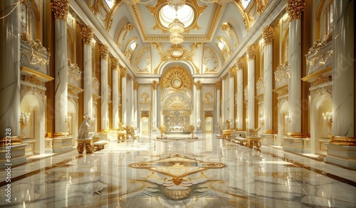 A magnificent hall with golden decorations  tall ceilings and marble floors  creating an atmosphere of opulence and grandeur. Digital illustration.