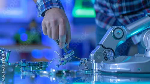 A futuristic and high-tech laboratory setup featuring a robotic arm and a person working on electronic components, illuminated by blue lighting. This dynamic and innovative scene is perfect for themes