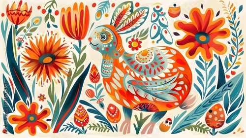 Vibrant Floral and Bird in Ornate Whimsical Style