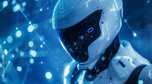 Closeup of Artificial Intelligence Robot in White Helmet and Body Suit with Digital Data Flowing on Blue Background, Cyberpunk Style with Neon Lights in Hyper Realistic Detail
