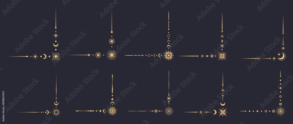 Naklejka premium Magic celestial border corners. Vector set of decorative golden angles with stars, moons, suns and cosmic patterns. Boho style, elegant space decoration with a unique stellar embellishments