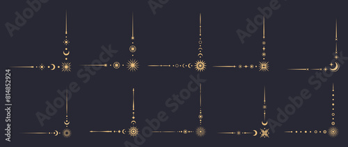 Magic celestial border corners. Vector set of decorative golden angles with stars, moons, suns and cosmic patterns. Boho style, elegant space decoration with a unique stellar embellishments