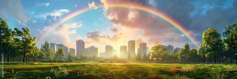 Rainbow Over City Park: Blending Urban Green Spaces with Spectacular Natural Colors Photo Realistic Concept Rainbow Over City Park: Blending Urban Green Spaces with Spectacular Natural Colors Photo Realistic Concept