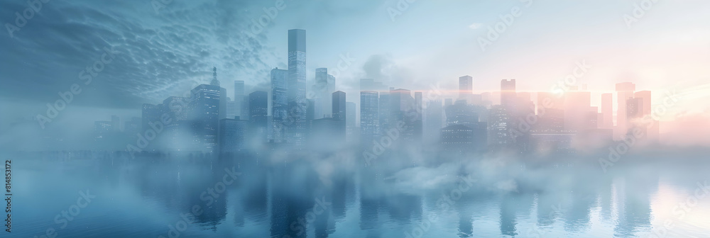 Misty Morning Cityscape: Urban Skyline Shrouded in Nature s Mystery   Photo Realistic Stock Concept