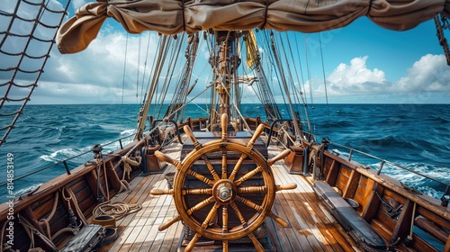 View of the deck ships wheel on an old pirate sailing ship in open sea photo