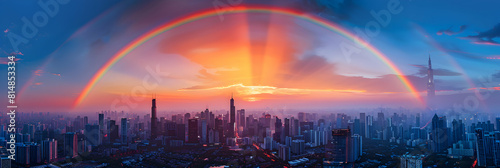 Cityscape Rainbow Burst: Stunning urban contrast with vibrant natural beauty in picturesque photo realistic concept