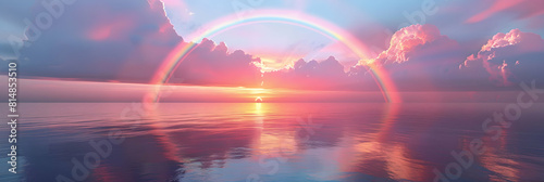 Photo realistic Coastal Rainbow Reflections: Capturing the Perfect Rainbow Reflection in Still Waters at Dusk, Merging Sea and Sky Coastal Scene Photo Stock Concept