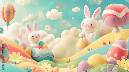 Whimsical Easter Scene with Fluffy Bunnies and Colorful Balloons in a Pastoral Landscape photo