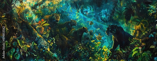 A jungle scene with black panthers, leopards and other large animals in the foreground; jungle foliage  photo