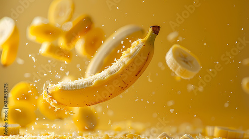  levitating banana cutted pieces, separated, bright yellow color background, professional studio photography, hyperrealistic, minimalism, negative space, high detailed, sharp focus