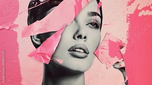 Stylish Woman Art Portrait: Pink Paper Collage. Vintage Design with Retro Creative Artwork Template