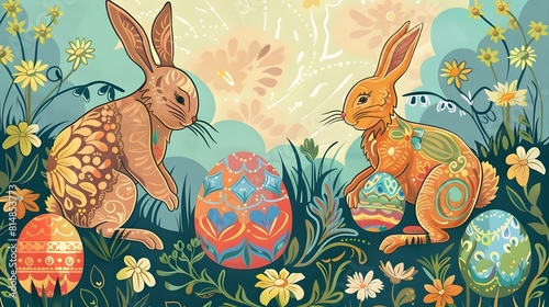 Whimsical Illustrated Rabbits and Easter Eggs in Floral Spring Meadow