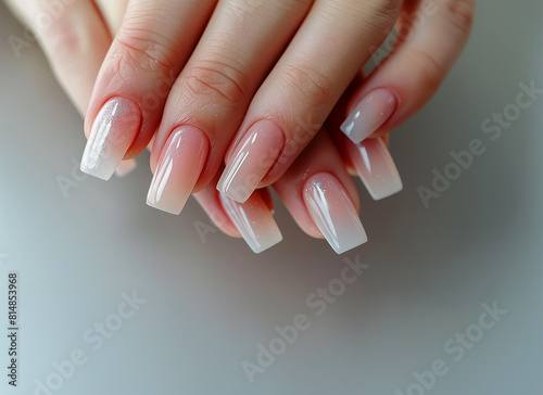 Perfectly manicured nails with a subtle pink shimmer, emphasizing the feminine touch and meticulous care
