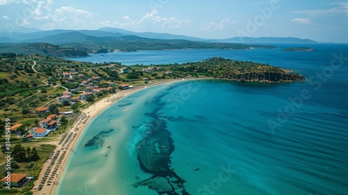 Aerial view of the Peloponnese coast in Greece, with its blue waters, sandy beaches, and ancient sites like Epidaurus, of photo