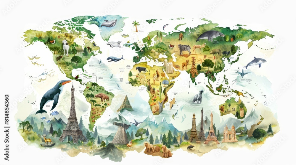 Fototapeta premium Educational watercolor world map, each region adorned with endemic species and significant natural landmarks, hand-drawn and isolated on white