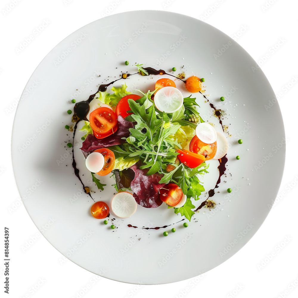 Sumptuous fresh garden salad beautifully presented on a pristine white plate, adorned with juicy tomatoes, crisp greens, and a delicate dressing, perfect for health-conscious diners Sumptuous fresh garden salad beautifully presented on a pristine white plate, adorned with juicy tomatoes, crisp greens, and a delicate dressing, perfect for health-conscious diners