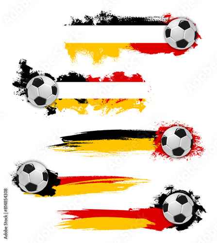 Germany 2024 euro soccer cup grunge banners. Vector soccer balls with vibrant brush strokes in black, red and yellow German team flag colors. Horizontal scratchy layout frames for championship events