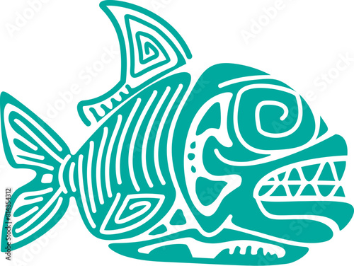 Piranha fish, Mayan Aztec totem symbol of power and survival, resilience and adaptability in the face of challenge. Isolated vector blue sign with ethnic ornament, dangerous toothy fish with sharp fin