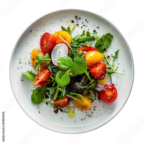 Fresh tomato salad with mixed greens, colorful cherry tomatoes, and radishes, delicately dressed and sprinkled with herbs on a white plate, perfect for healthy dining