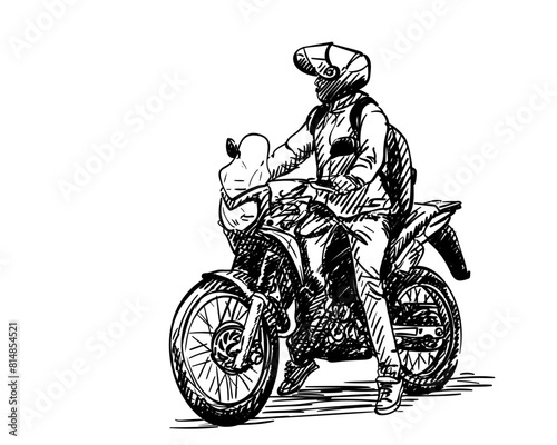 Man on a motorcycle hand drawn illustration, A man in urban casual clothes, with a backpack and a helmet stopped with both feet on the ground while driving a motorcycle, Vector freehand sketch