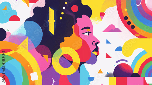 A colorful and modern illustration celebrating LGPTQ+ Pride, featuring abstract shapes and symbols in vibrant hues on a crisp white background, capturing the essence of diversity and inclusion