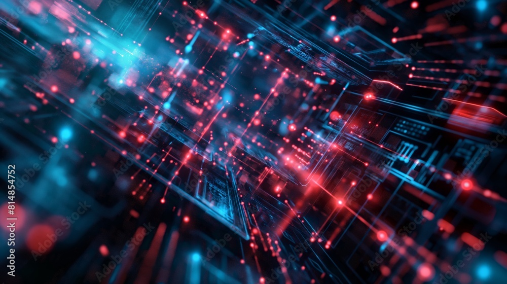 Bright red and blue light beams in a digital data network at night. Bright red and blue light beams in a digital data network at night.