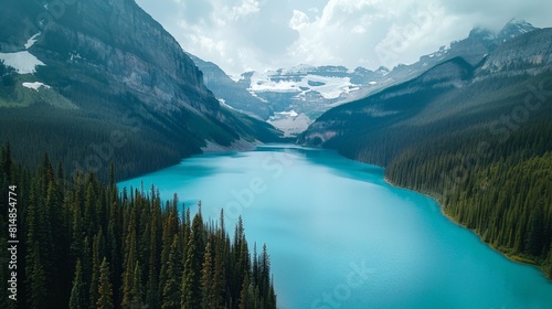 Aerial view of Lake Louise in Alberta, Canada, with its turquoise waters surrounded by snow-capped peaks and lush forest,