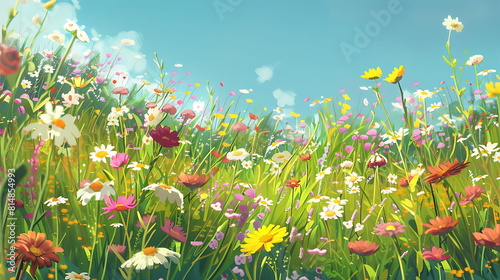 colorful wildflower meadow under a blue sky with orange  yellow  purple  and pink blooms