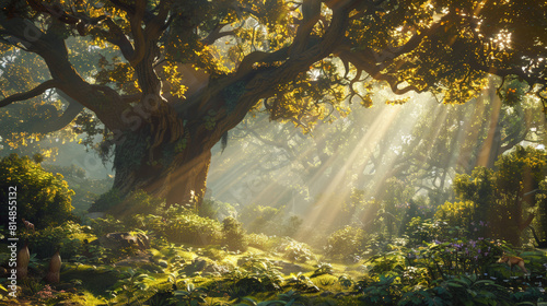  A lush, ancient forest environment where detailed foliage and majestic trees are highlighted by streaming rays of light. 