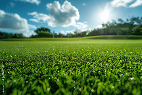 Wet grass close-up on a golf course on a sunny day. Generated by artificial intelligence