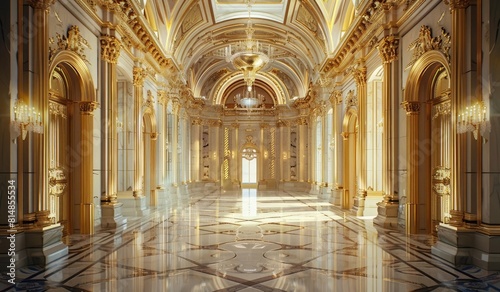 A magnificent hall with golden decorations, tall ceilings and marble floors, creating an atmosphere of opulence and grandeur. Digital illustration.