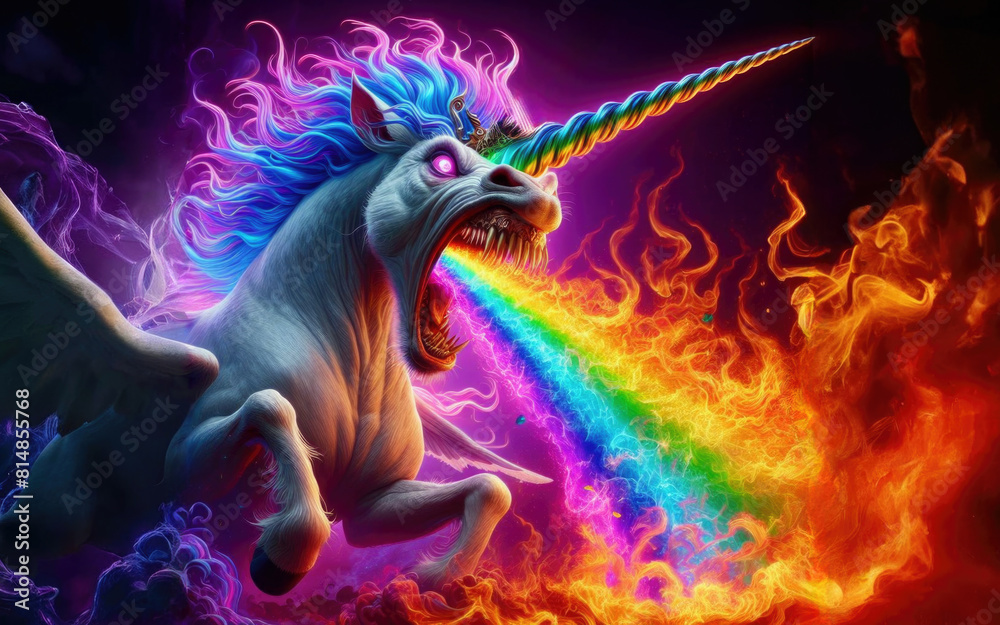 Naklejka premium Angry unicorn. White unicorn with a pink and white mane and tail emits a rainbow.