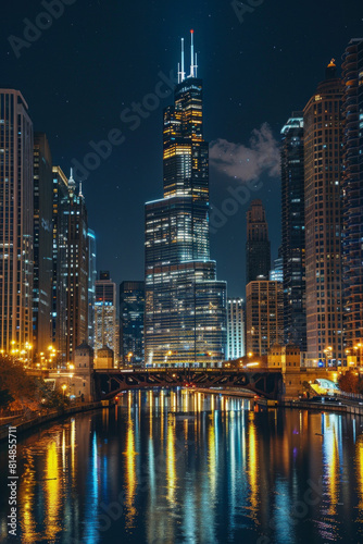 A glistening city skyline illuminated against the night sky  with dazzling lights reflecting in the calm waters of an urban river.