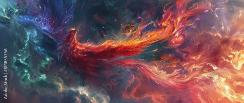 A majestic phoenix with vibrant feathers, radiating warmth and energy in an ethereal landscape. Focus on the face,