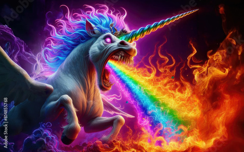 Angry unicorn. White unicorn with a pink and white mane and tail emits a rainbow.