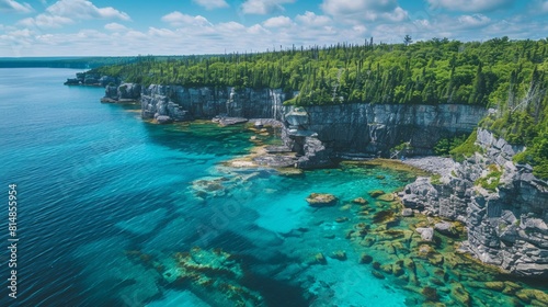 Aerial view of the Bruce Peninsula in Ontario, Canada, displaying its rugged coastline and crystal-clear blue waters of G