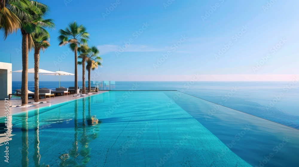 Swimming pool with palm trees and blue sea