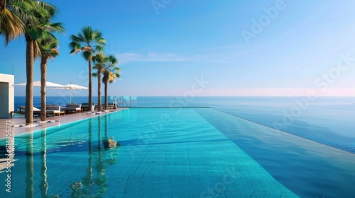 Swimming pool with palm trees and blue sea