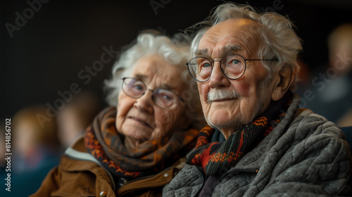 An elderly couple is sitting in a theatre