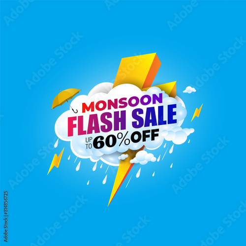 Rainy cloud background and Monsoon flash Sale up to 80% off typography with umbrella vector illustration.