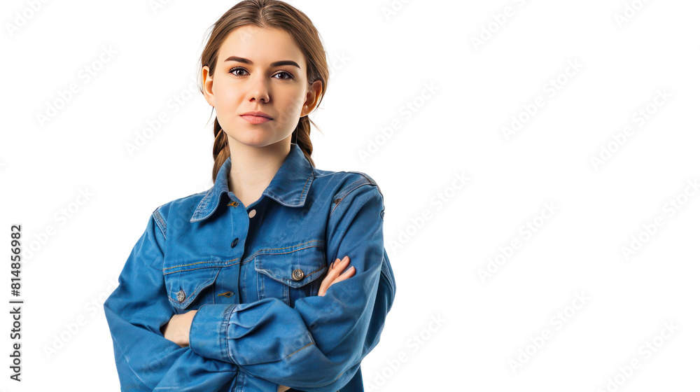skillful woman technician in blue work clothes on transparent and white background.PNG image. skillful woman technician in blue work clothes on transparent and white background.PNG image.