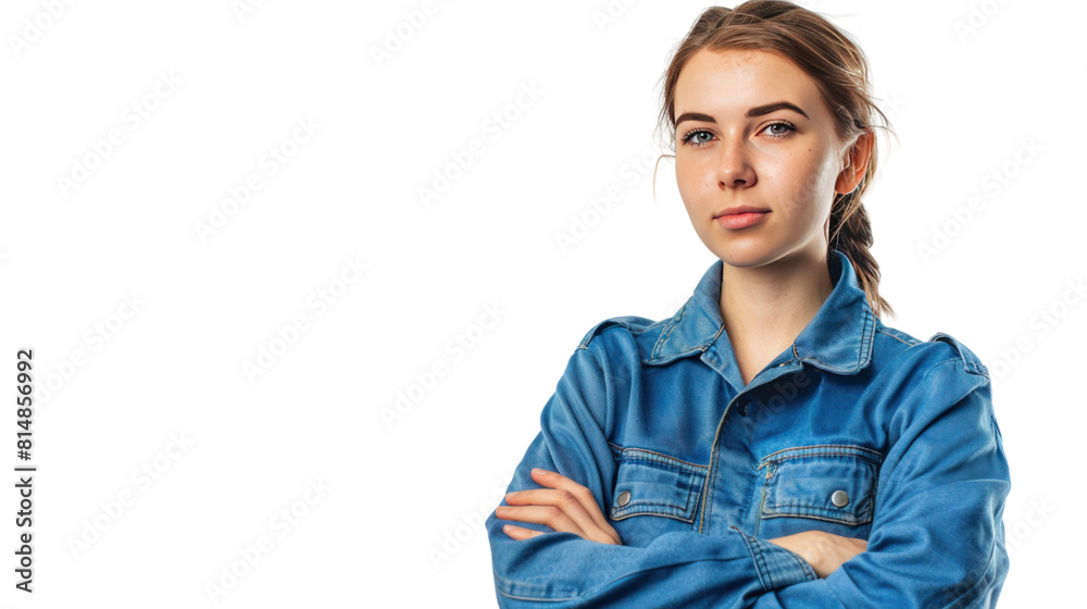skillful woman technician in blue work clothes on transparent and white background.PNG image. skillful woman technician in blue work clothes on transparent and white background.PNG image.