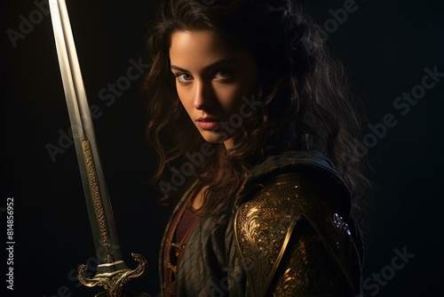 Portrait of a fierce female warrior holding a sword  surrounded by shadows and warm light