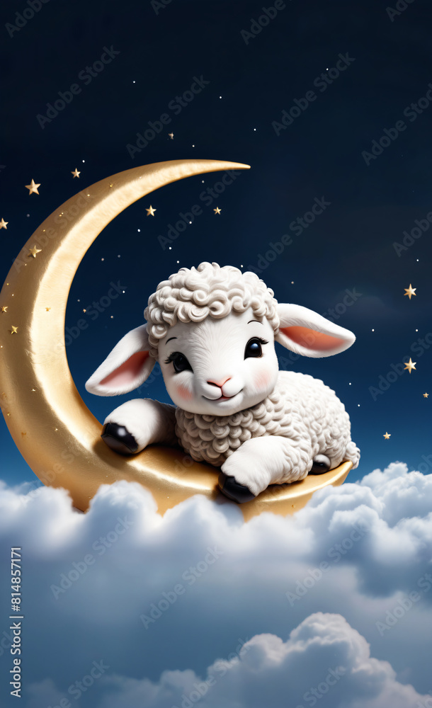 Obraz premium A cute lamb sleeps on a crescent moon in a cloud against the background of the starry sky and has wonderful dreams