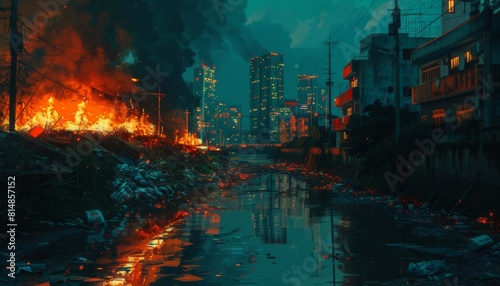The image shows a city in ruins  with fire and destruction everywhere. The once-thriving metropolis is now a ghost town.