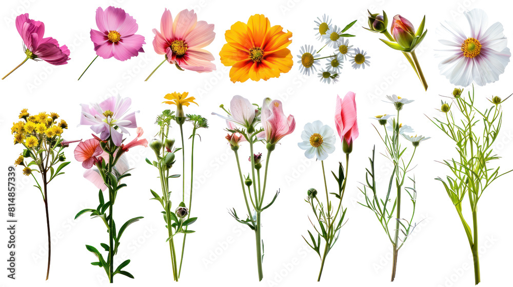 Set of various beautiful blooming flowers isolated on transparent and white background.PNG image.