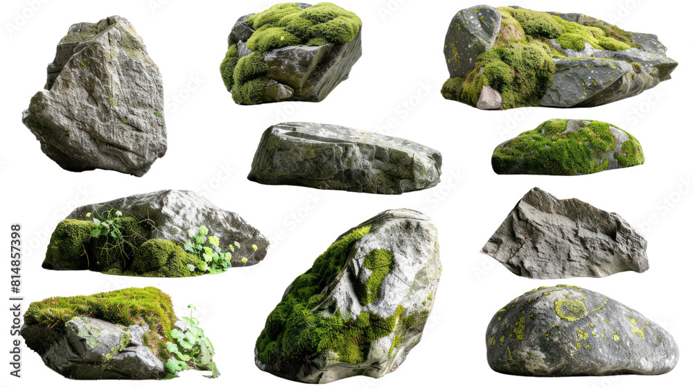 Set of natural moss-covered rocks and boulders isolated on transparent and white background.PNG image. Set of natural moss-covered rocks and boulders isolated on transparent and white background.PNG image.
